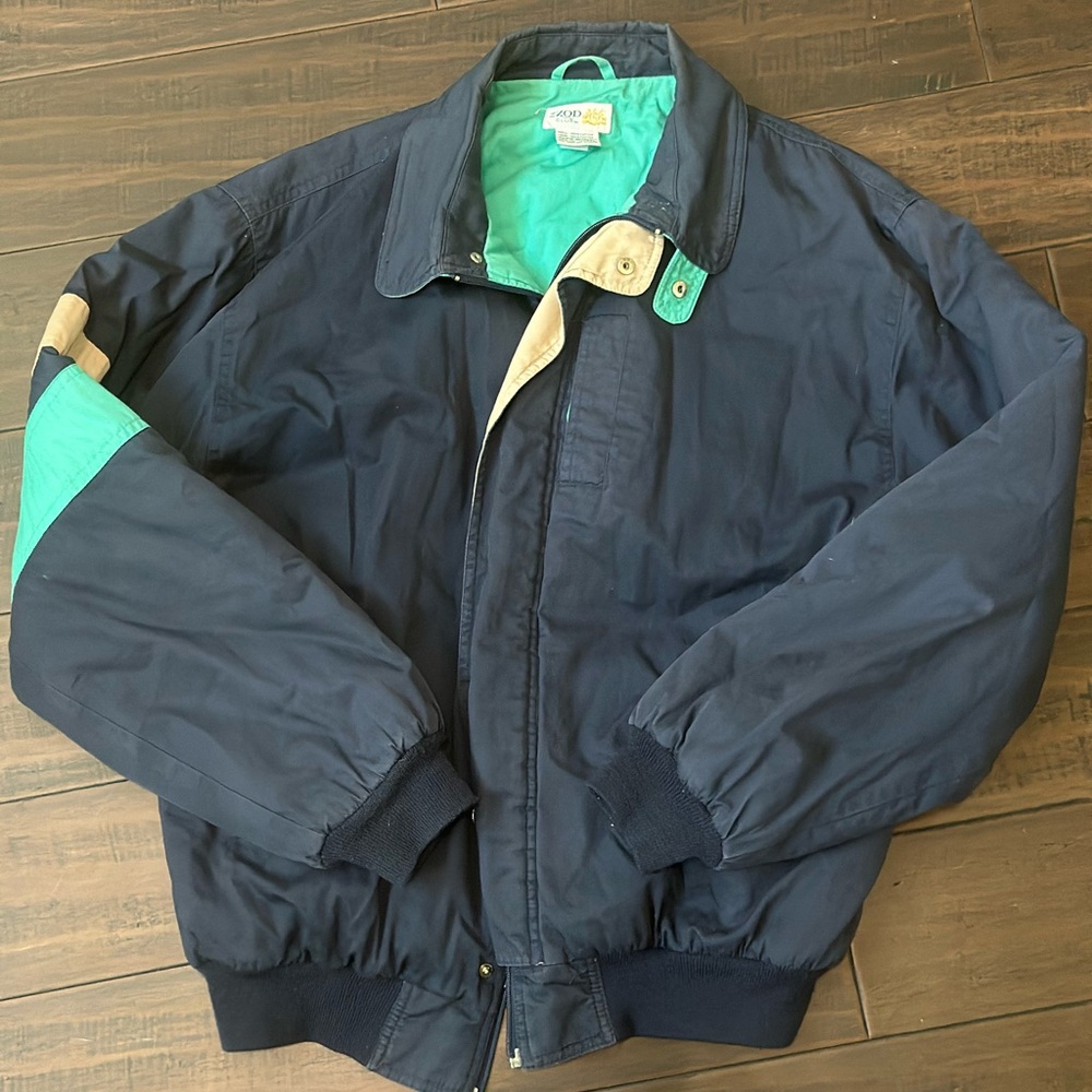 Izod Men's Navy Bomber Jacket with Teal and Beige Accents